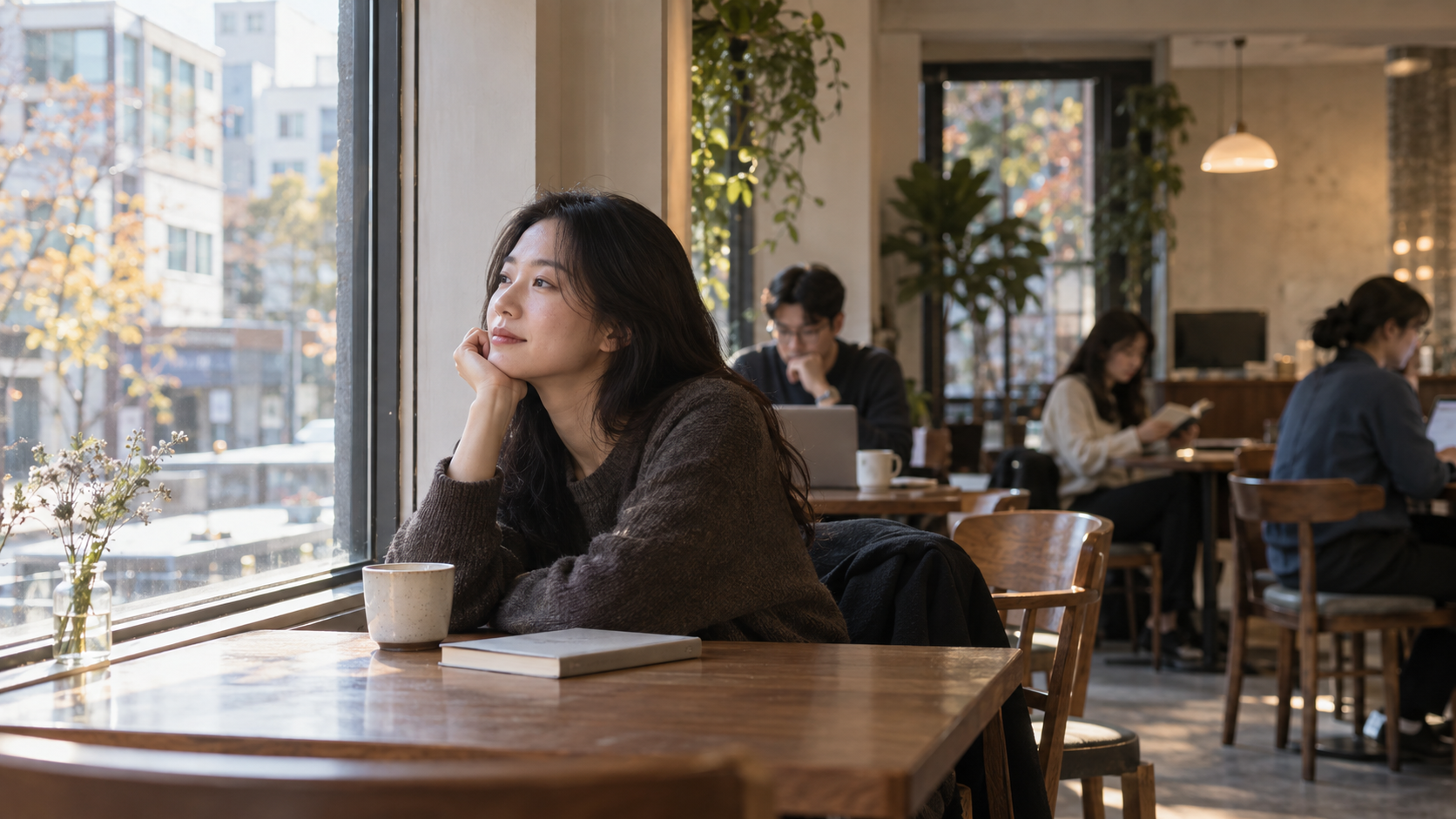 카페 창가에 혼자 앉아 주변의 일상 속에서 쉬는 손님