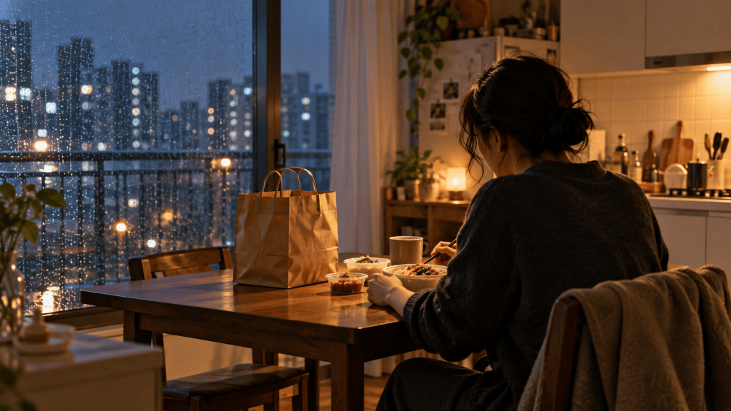 비 오는 저녁 집에서 배달 음식을 먹으며 쉬는 사람