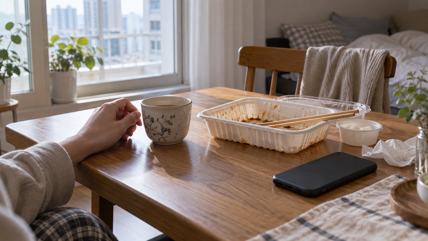 다음 날 아침 식탁의 배달 음식 용기와 찻잔을 바라보는 장면