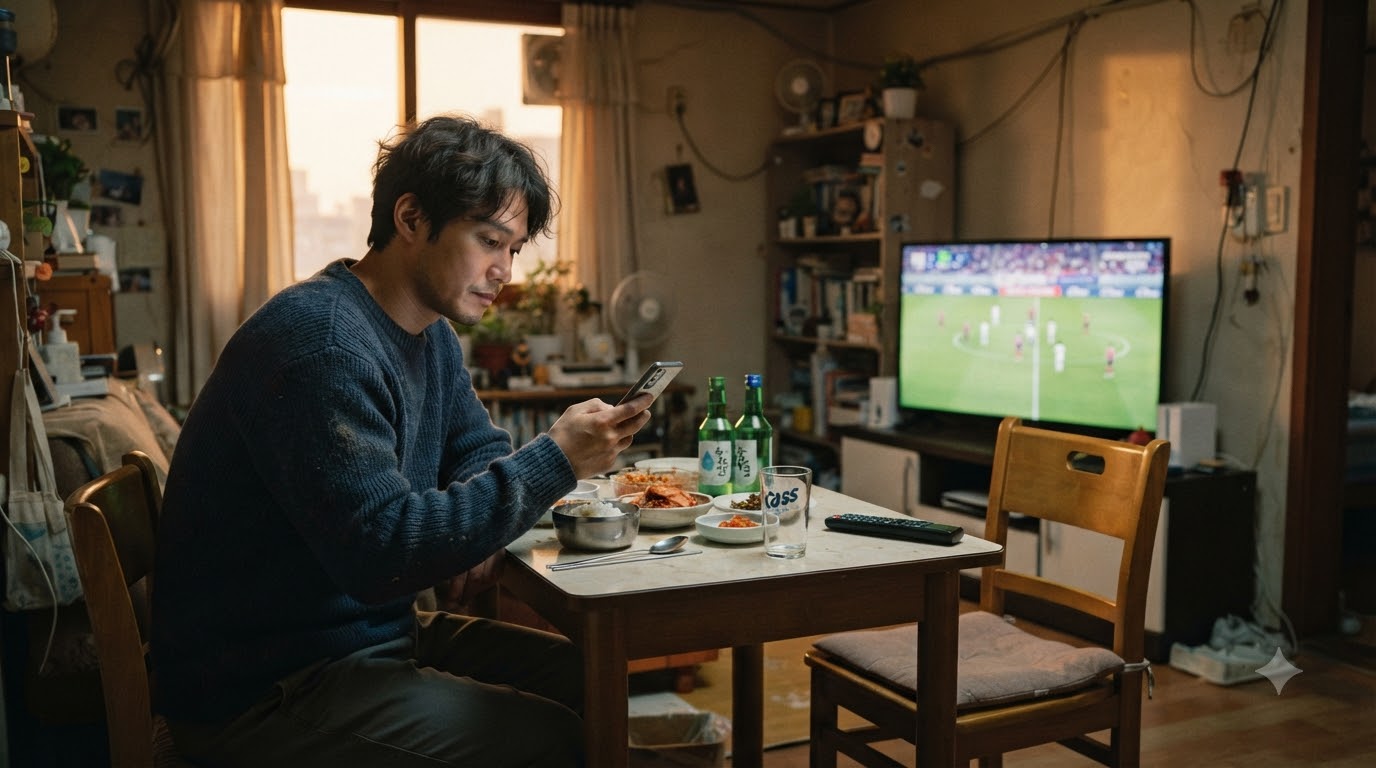 집에서 축구 경기를 보며 휴대전화로 연락을 확인하는 사람과 비어 있는 자리
