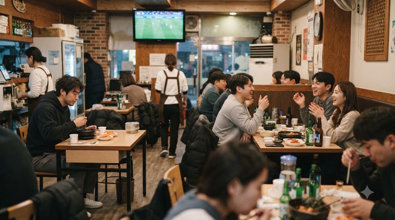 혼자 온 손님과 친구들이 함께 축구를 보는 동네 식당
