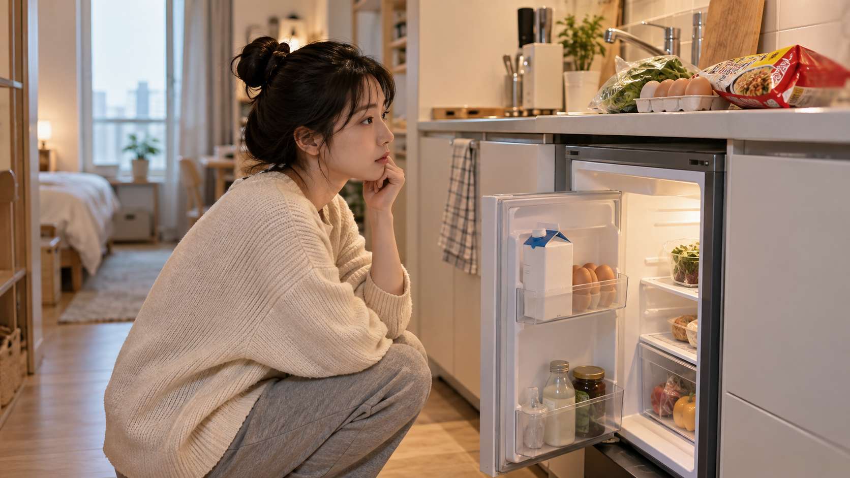 혼자 사는 사람이 작은 냉장고에 필요한 식재료를 정리하는 모습