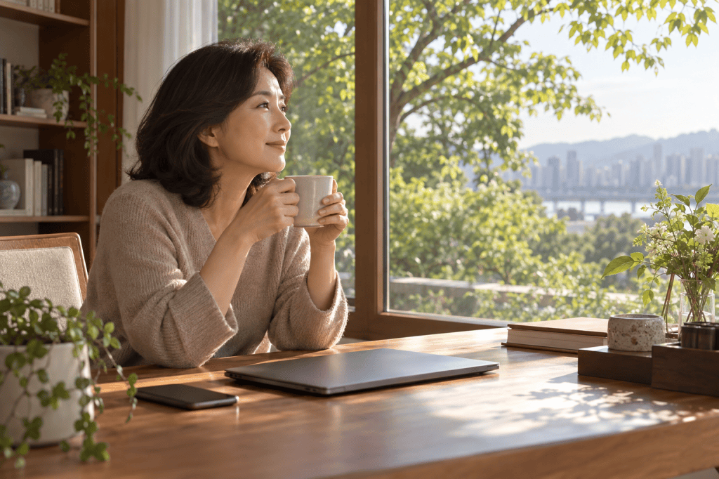 노트북을 닫고 창밖을 바라보며 차를 마시는 중년 여성 — AI 생성 이미지
