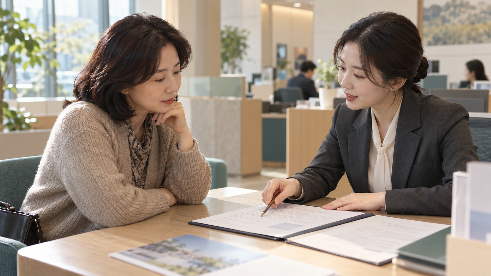 은행 상담 창구에서 대출 약정을 확인하는 손님