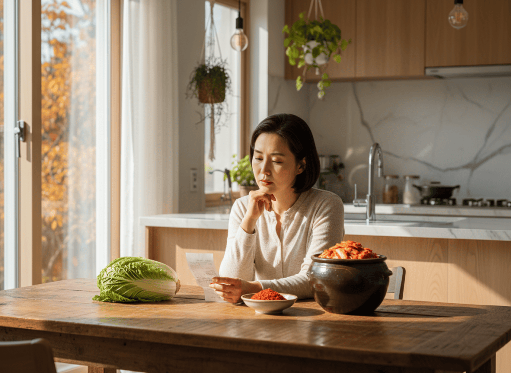 배추와 김장 김치를 앞에 두고 장보기 영수증을 보는 사람