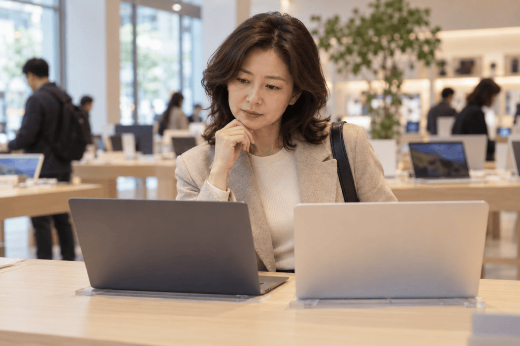 두 노트북의 구매 조건을 비교하는 여성