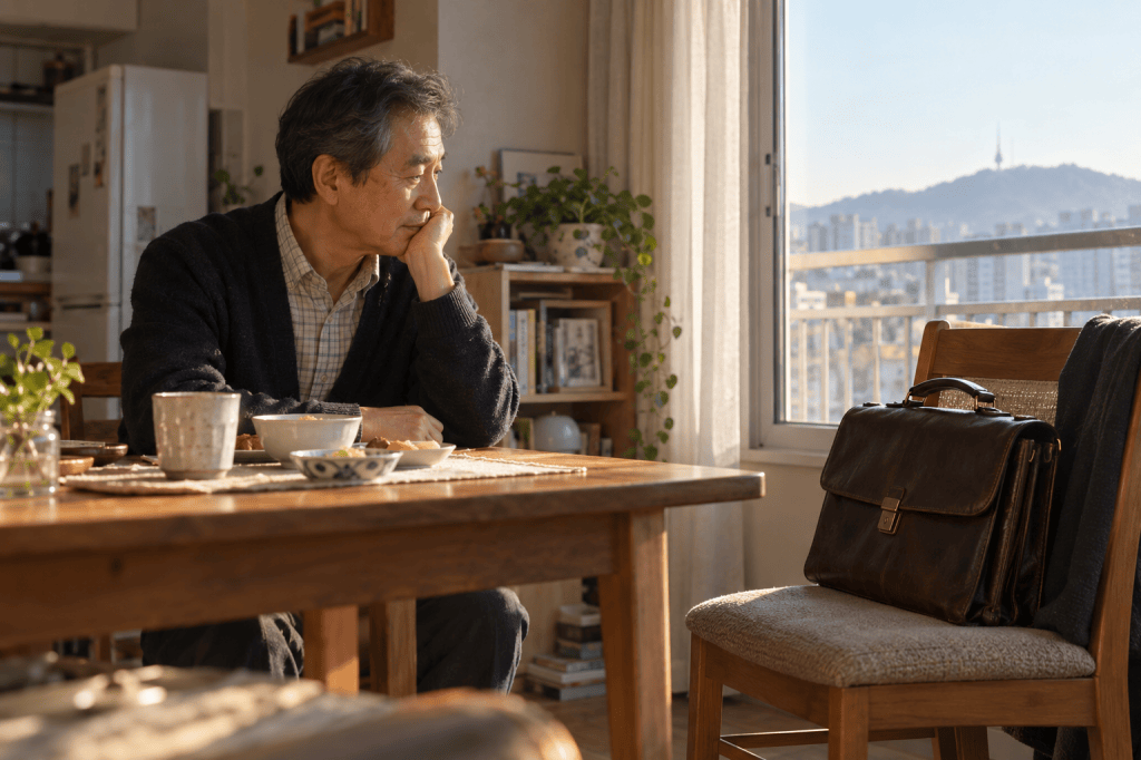 아침 식탁에서 퇴직 후의 일상을 생각하는 중년 남성