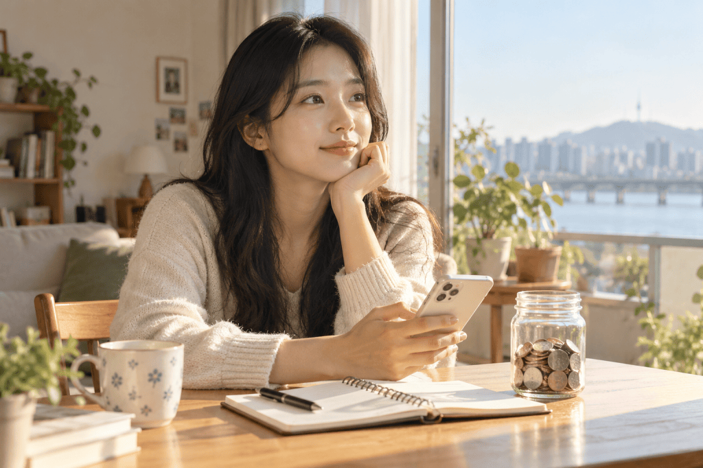 스마트폰과 저축 노트를 살펴보는 청년 여성