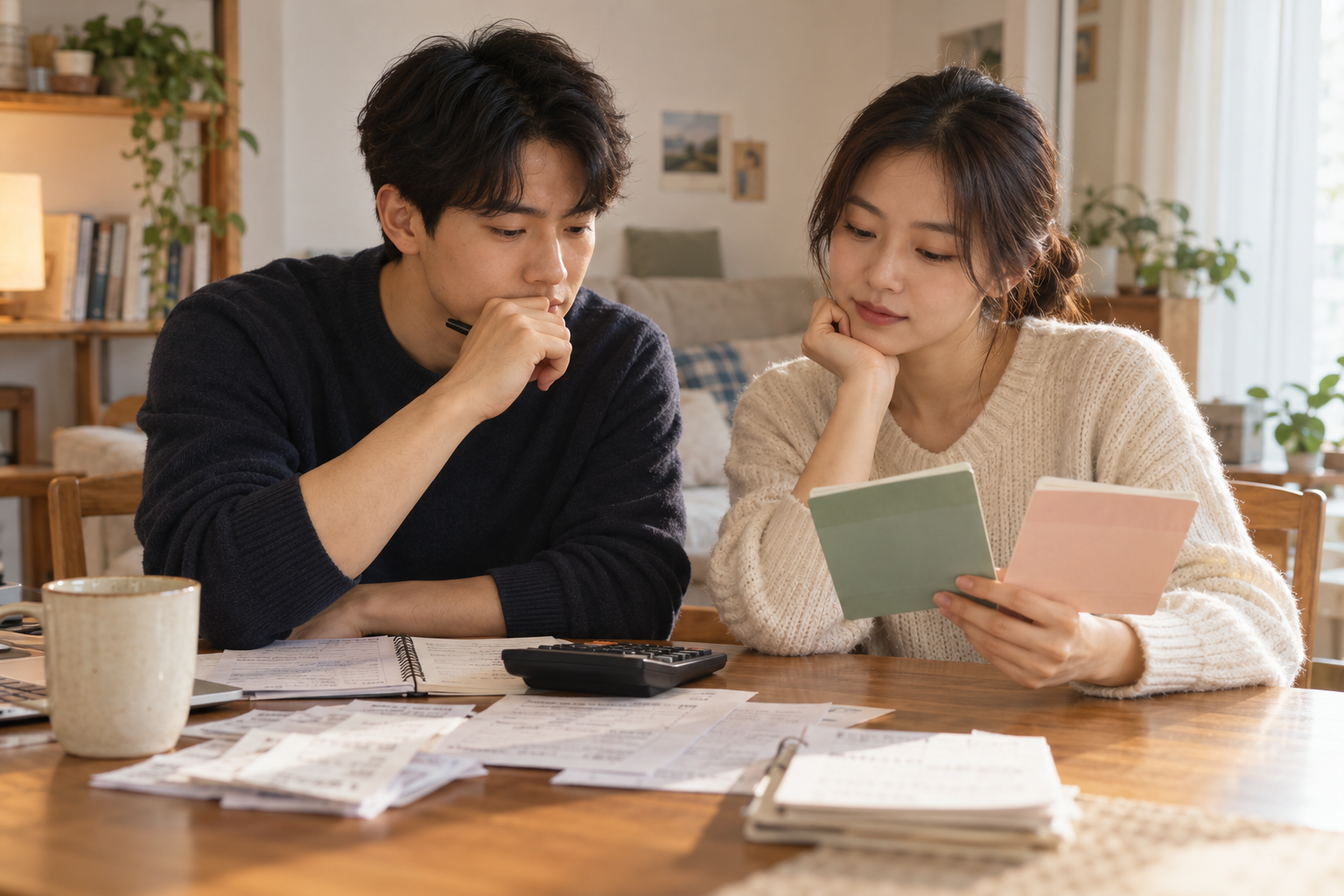 통장과 계산기로 저축 계획을 비교하는 청년 부부