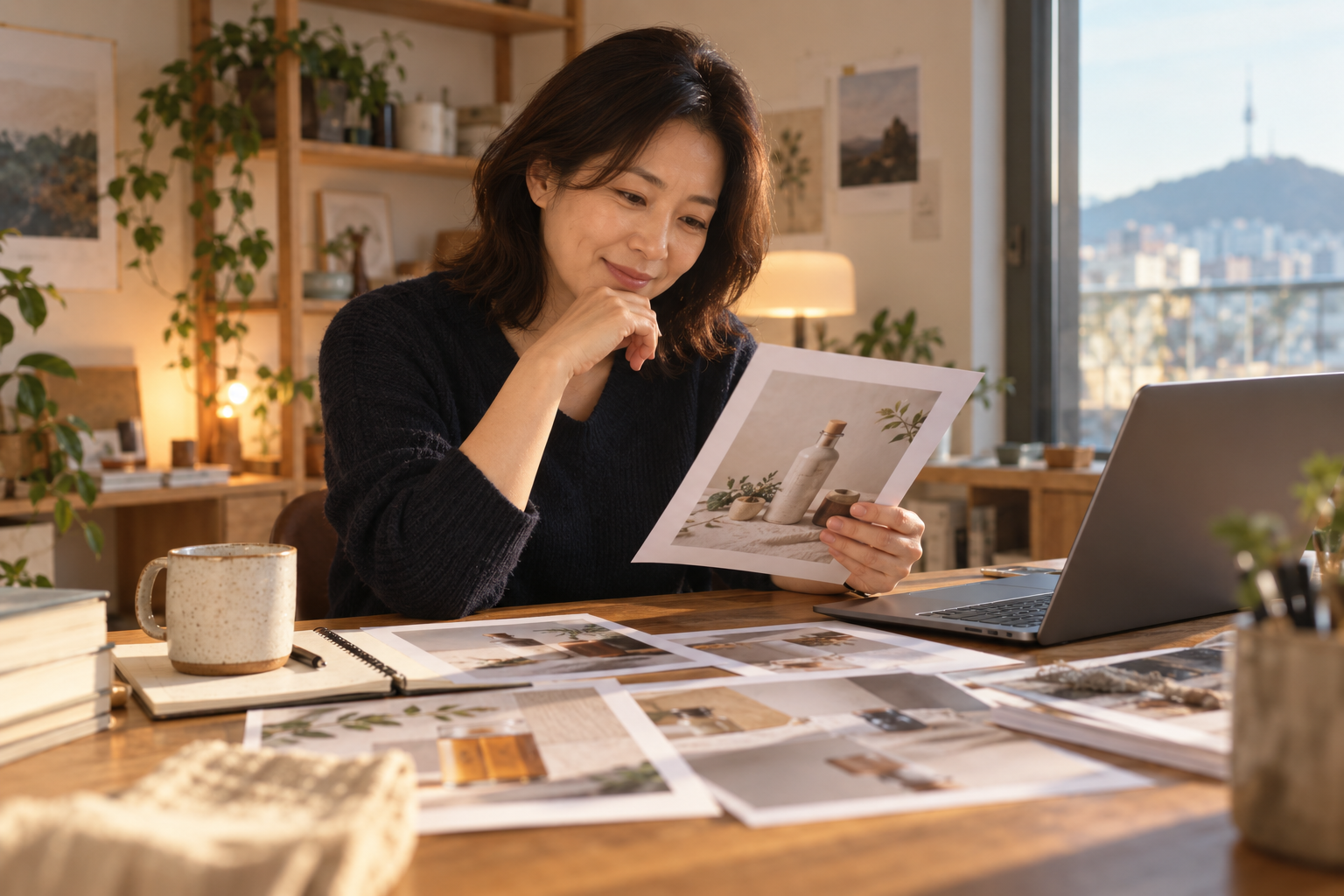 AI를 활용한 작업의 완성 결과물을 확인하는 여성